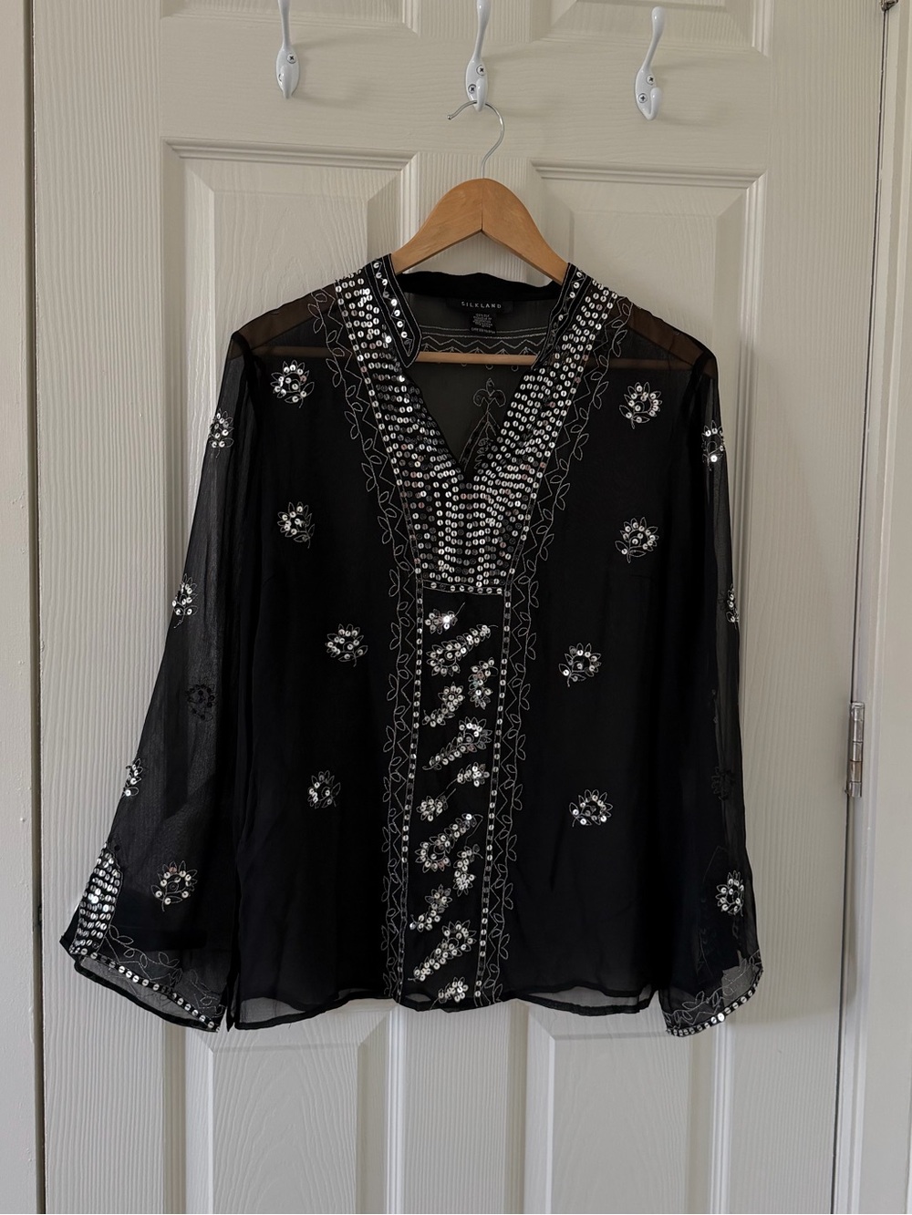 SilkLand Black Sheer V-Neck Beaded Embellished Blouse